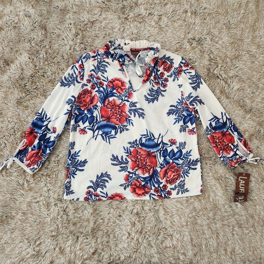 Laurenté‎ Vintage Frill Neck 3/4 Sleeve Floral Blouse NWT French Size 34 US 2